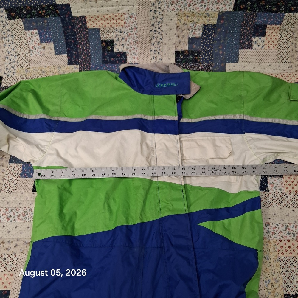 Vintage 1995 Teknic Tornado Motorcycle Rain Suit Mens Large Green Blue One Piece - Picture 12 of 15